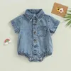 Rompers Baby Boys Girls Western Denim BodySuit Sans manches bouton de bodys avant avec jeans d'été de poche H240508