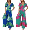 Combinaisons à manches courtes décontractées Femmes Élégant Pantalon à jambes larges imprimées Commu au Holiday Summer Vneck Long Rompers 240423