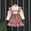 Robes de fille automne enfants vêtements de fille robe robe et manches longues hauts à manches longues + bretelles 2pcs fleur robe princesse robe deux pièces pour enfants a854