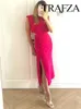 Trafza cortado Rose Red Dress Woman Ruched Summer Long Dressos para mulheres vestidos de festa midi sem mangas vestidos de noite elegante 240509
