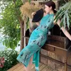 Robes décontractées vintage imprimé vert dame chinois cheongsam robe de soirée sans manches élégantes élégant élégant épaule mince midi club midi