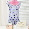 One-Pieces Girls classic style blue and red patterned camisole jumpsuit summer new girls one-piece Timeless Classic Popular cherry H240508