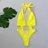 Kvinnors badkläder fluorescerande gul en bit baddräkt Kvinnor Solid färg Hög midja ihålig bälte Bikini Monokini 2024 Summer Beach