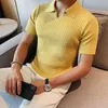 韓国のビジネスカジュアルサマーアイスシルクメンズ短袖ポロシャツラペルソリッドジャックストライプスクリュースレッドスリムシントップ240508