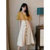 Work Dresses Women Vintage Yellow Shirt Skirts Two Piece Dress Set 2024 Summer Korean Lady Fashion Graceful Short Sleeve Blouse Skirt