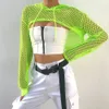 Spring Streetwear Neon Green Mesh Fishnet Top Women Tshirt Perspective Long Manches T-shirts Sexy Sexy Cropped Shirt 240508