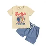 Kledingsets Visgogo Toddler Boy 4e van Julty Outfit Letter Cartoon Print Round Neck T-shirt met korte mouwen met effen kleuren shorts