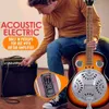 Pyle Resophonic Resonator Acoustic Electric Guitar 6 String Round Neck Sunburst Mahonie Mahonie Traditionele resonator met ingebouwde voorversterker, Case, Bag, Riem, Steel String
