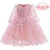 Flickans klänningar Baby Girl Dress Newborn Girl Long Seced Lace Party Dress Big Bow Baby Girl First Birthday Princess Dressl2405