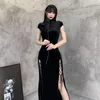 Этническая одежда современная чингсам китайское платье Qipao Dark Gothic Sexy Slit Black Vintage Oriental Dress для женского танцевального исполнения