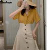 Work Dresses Women Vintage Yellow Shirt Skirts Two Piece Dress Set 2024 Summer Korean Lady Fashion Graceful Short Sleeve Blouse Skirt
