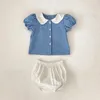 Clothing Sets Summer Baby Boys And Girls Trend Delicate Cute Doll Collar Plaid Top Solid Color All-Matching Bread Pants 2