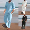 Summer 2 peças/conjunto de linho de algodão masculino conjunto de calças de camiseta de decote em V longa Conjunto de roupas casuais de roupas de praia 240508