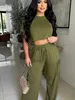 Anderen Apparel Summer Fashion Solid Color Tweed Piece Vrouwen Sexy Round Neck Short Slve T-Shirt Top Wide Been Long Pants Casual Two-Piece Set Y240509