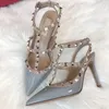 10cm Rivet Heels Sandals Rivets Dress Shoes Valentine Shoes Designer Pointed Toe Patent Leather Women Studded Strappy With Studs
