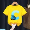 T-Shirts Jungen T-Shirt Fun Cartoon Tayo und Kinder Alphabet gedruckter Name Jungen Kleidung Sommer Kinder T-Shirt gelb Kurzarm T-Shirtl2405