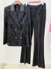 Dwuczęściowe spodnie damskie High Street 2024 EST Designer Mash Masher Runway Zestaw Slim Fit Glitter Cequined Velvet Blazer Flare 2pcs