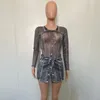 Arbetsklänningar Jokaa denim tryckte två stycken Set Women Sexig Sheer Mesh långärmad bodysuits och shorts kjol Matchning 2024 Party Club