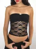 Kvinnors tankar 2024 Mesh Lace Bandeau stropplös Mini Rose Decor Slim Tubs Show Navel Summer Crop