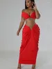 Robes de travail rouges sexy coupés en deux pièces femmes coupées haut et longue jupe ruchée ensemble 2024 Summer Fashion dames bustier jupes