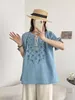 Women's Blouses Spring Cotton Denim Borduurwerk Vrouwen O nek korte mouw los