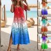 Lässige Kleider 2024 Sommer Bohemian Maxi Frauen eleganter Gradientenurlaub Ein Linie langes Kleid Kurzarmes Seitenschlitz T -Shirt