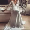 Bohemian Dresses Illusion Lace Gown Backless Long Sleeve Deep V Neck Wedding Gowns Boho Chiffon Plus Size Beach Bridal Dress 0509