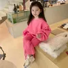 Vêtements Ensembles d'hiver bébé filles beaux sweats en molleton en toison en vrac naturel Slit Fared Pant Kids Tracksuit Children 2 pièces Tenue 2-8 ans