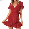 Basic Casual Dresses Dames Modieuze chiffon geplooide kortheve geprinte verbat met kort mouwen Casual v-neck jurk XW