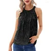 Tanks féminins 2024 Été européen et Américain Couleur solide Sexy Micro Elastic Sequin Hanging Neck Tob Top Suspender