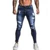 Męskie dżinsy gingtto męskie odcinek naprawa jeansy ciemnoniebieskie hip -hopowe zmartwione super chude szczupłe fit wygodne wielkie rozmiar ZM34 T240508