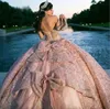 Pink Shiny Ball Gown Quinceanera Dress 2024 Tulle Appliques Lace Beads Bow Off Shoulder Sweet 15 16 Years Birthday Party Formal Dresses 0509