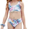 Womens Swimwear Girls Bikini 2022 Tropical Print Tied Front Little Girl Tankini Children Swimsuit Bandeau Swimming Suit Beach Wear