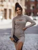 Basic Casual Jurken Dames Casual lange mouwen strakke lange trui herfst en winter 2023 High Neck Elastic gebreide vaste lange trekjumper XW