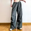 Pantalon féminin Capris QWK Y2K Grey Baggy Cargo Pantalon Femmes hautes taille vintage Hip Hop Parachute Pantal