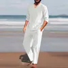 Summer 2 peças/conjunto de linho de algodão masculino conjunto de calças de camiseta de decote em V longa Conjunto de roupas casuais de roupas de praia 240508