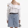 Women's Blouses 2024 lente en zomer strip-vormige diamant sprankelend gegolfd off-shoulder/revers met lange mouwen dameshemd met lange mouwen