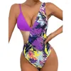 Kadın Mayo Mor kravat boya Baskı Kadınlar İçin Tek Parça Bikini 2024 Yaz Derin V Yastık Askı Sırtsız Mayo Plaj Maması Takım
