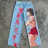 HARAJUKU Anime Graphic szerokie jeansy dżinsy streetwear y2k dżinsy mężczyźni kobiety japoński w stylu wysokiej talii spodni 240429
