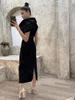 Party Dresses Modern Black Evening 2024 Off Shoulder Prom Gowns Mid Calf Length Wedding Short Back Slit Simple On Sale