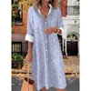 Casual Dresses 2024 Summer Fashion Striped Pineapple Print Women's Suit Collar Long Sleeve Dress Everyday Loose Comfortable S-5XL