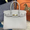 Top Cowhide Handbag Brkns Genuine Leather Crocodile skin belly half honey wax 30 with style pearl grayP3UM6C4V