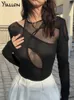 Yiallen sexig chic ihålig mesh kvinnor bodysuit långärmad o nacke mager stretch flerskikt lady streetwear y2k bodycon topps 240423