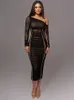 Diagonal Collar Long Sleeve Midi Dress For Women Two Layer Mesh Backless Ruched Bodycon Club Party Sexy 240422