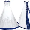 Royal Blue and White A Line Dress 2024 Princess Satin Lace Up Back Court Train Long Wedding Clows 0509