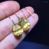 Boucles d'oreilles enveloppe d'or naturel en quartz rutilé femmes hommes mode pi xiu dame cadeau 14,5 / 9,3 mm de boucle d'oreille sterling