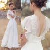 Summer Chiffon A-line Boho Wedding Dresses With Flutter Sleeves Sexy Deep V Neck Short Train Informal Reception Gown Rehearsal Dinner 261y
