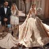 Champagne trouwjurk 2024 bescheiden baljurkenjurken v nek 3d kanten appliques ruches bruidsjurken plus size kathedraal trein koninklijke luxe