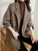 Kobiety damskie Blazers Vintage Houndstooth Women Woolen Blazer Dwumiaste piersi żeńska żeńska moda moda Koreańska odzież wierzcha luźna b dhtup
