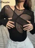 Yiallen sexig chic ihålig mesh kvinnor bodysuit långärmad o nacke mager stretch flerskikt lady streetwear y2k bodycon topps 240423